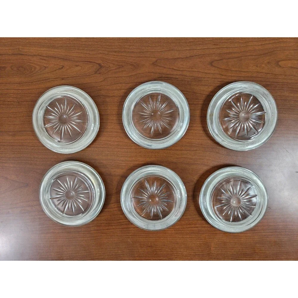 Vintage Set 6 Frank M. Whiting & Co Sterling Silver Glass Coasters #05 Starburst